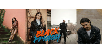 Flat lay of genuine leather jackets and coats on sale – Bari Skins Black Friday collection