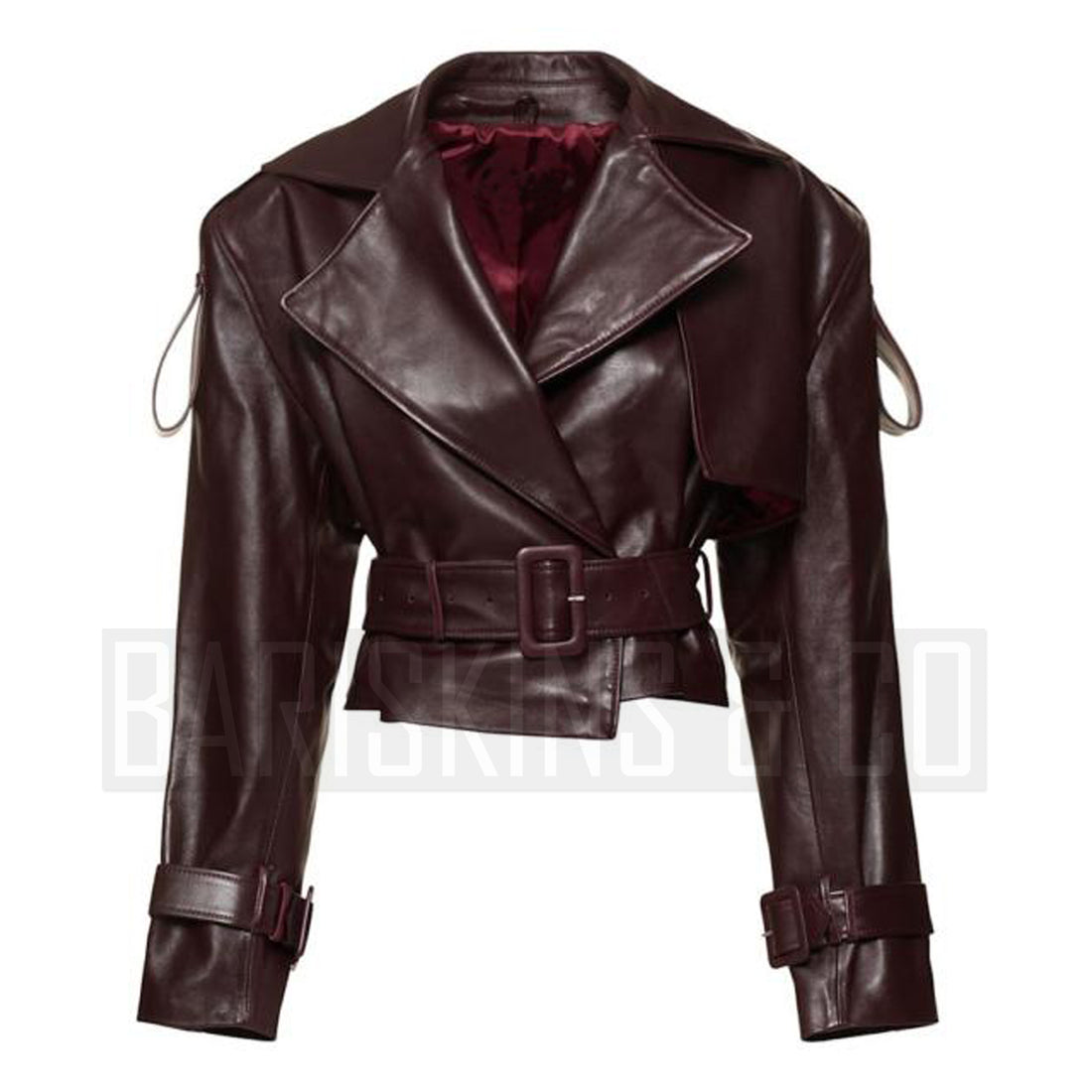 Women’s Burgundy Cropped Leather Jacket – Double-Breasted Moto Style Belted Lambskin Coat