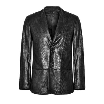 Men’s black snakeskin-embossed leather blazer, luxury statement jacket, tailored fit, premium embossed leather.