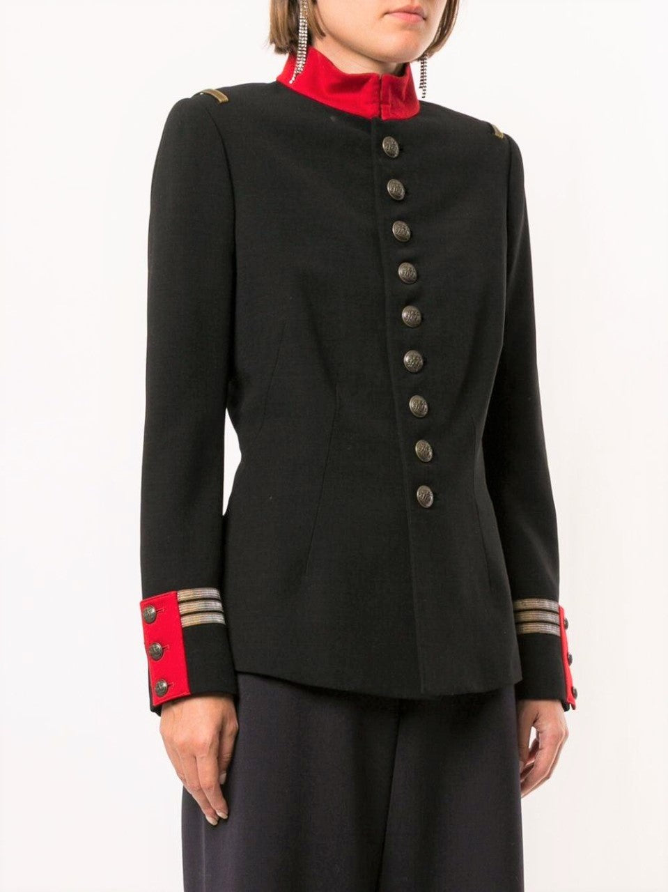 Women’s Black Military Jacket – Red Collar Embellished Blazer with Gold Button Accents, a Tailored Fit, and a Bold Military-Inspired Design.