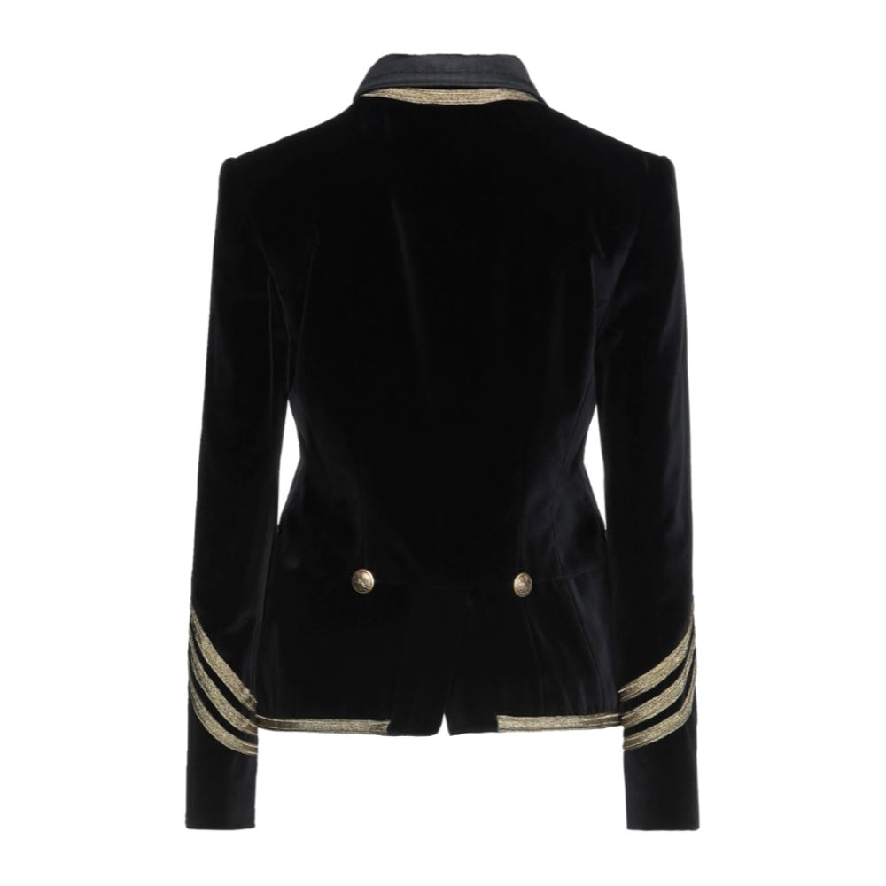 front view of Black Velvet Military Jacket with Gold Buttons
