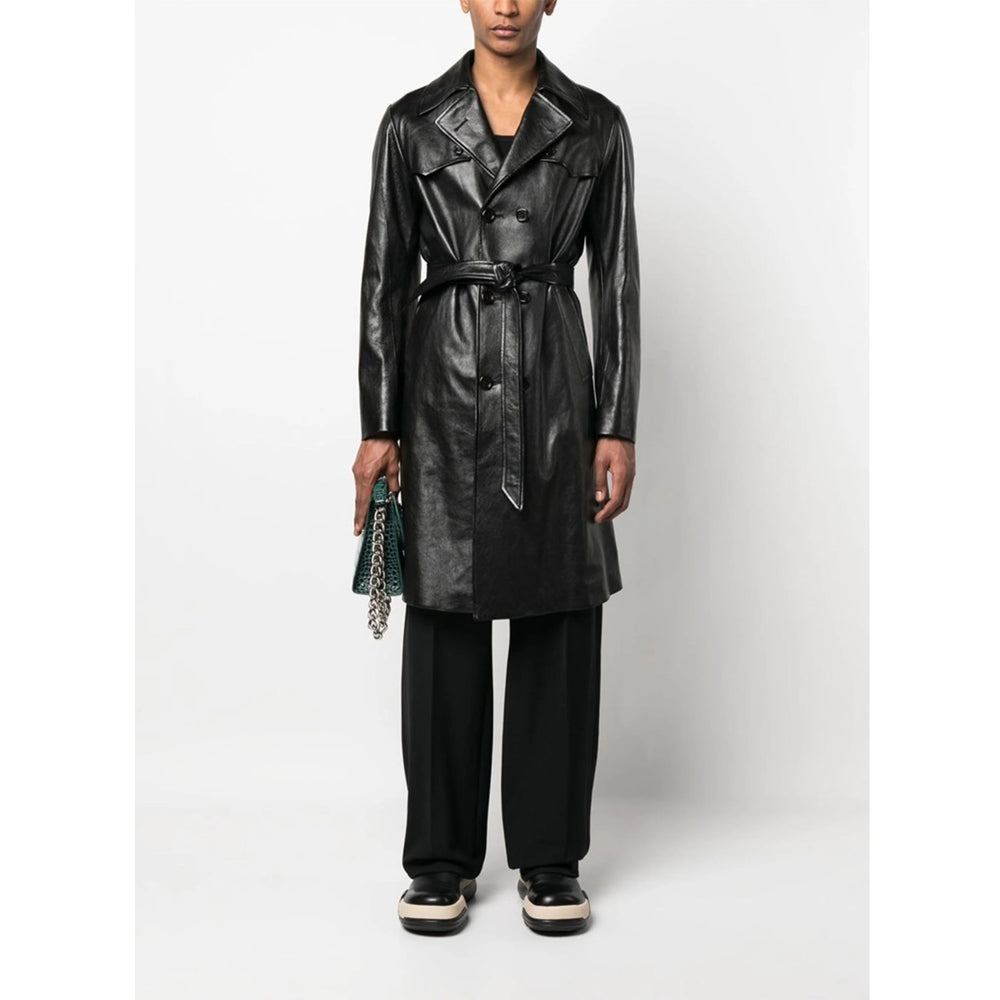 Men's Black Leather Trench Coat – Long Double-Breasted Belted Jacket