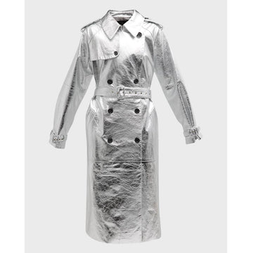 Silver Long Leather Coat Womens