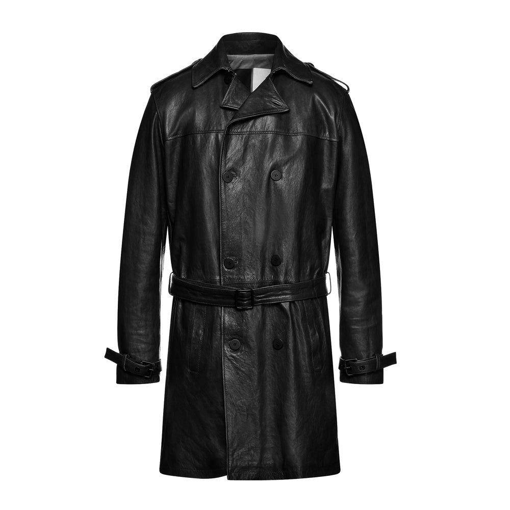 Men’s black leather trench coat – long double-breasted belted jacket with classic tailored design.