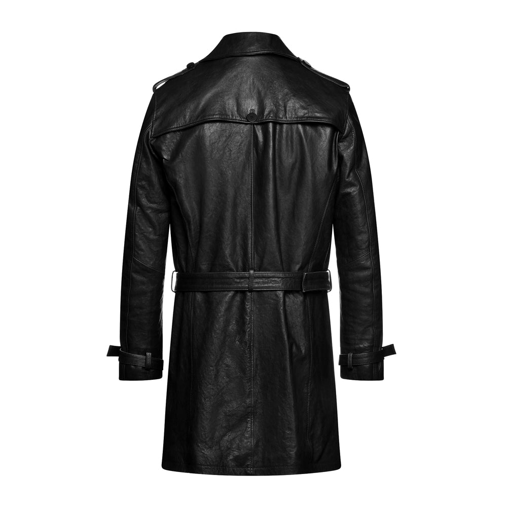 Men’s black leather trench coat – long double-breasted belted jacket with classic tailored design.