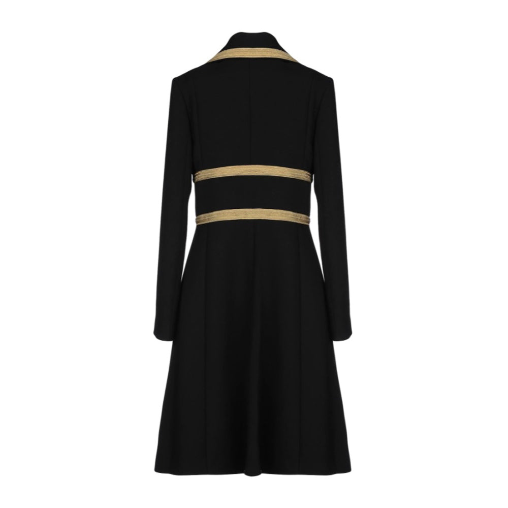 Women’s Black Military Coat – Gold-Embellished Wool Jacket with a Tailored Fit and Regal Button Detailing for a Sophisticated Look.