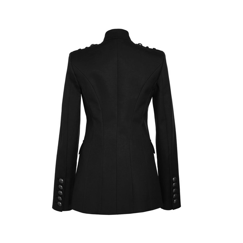 Women’s Black Military Jacket – Fitted High-Collar Coat with Structured Design, Perfect for Elegant & Bold Styling.