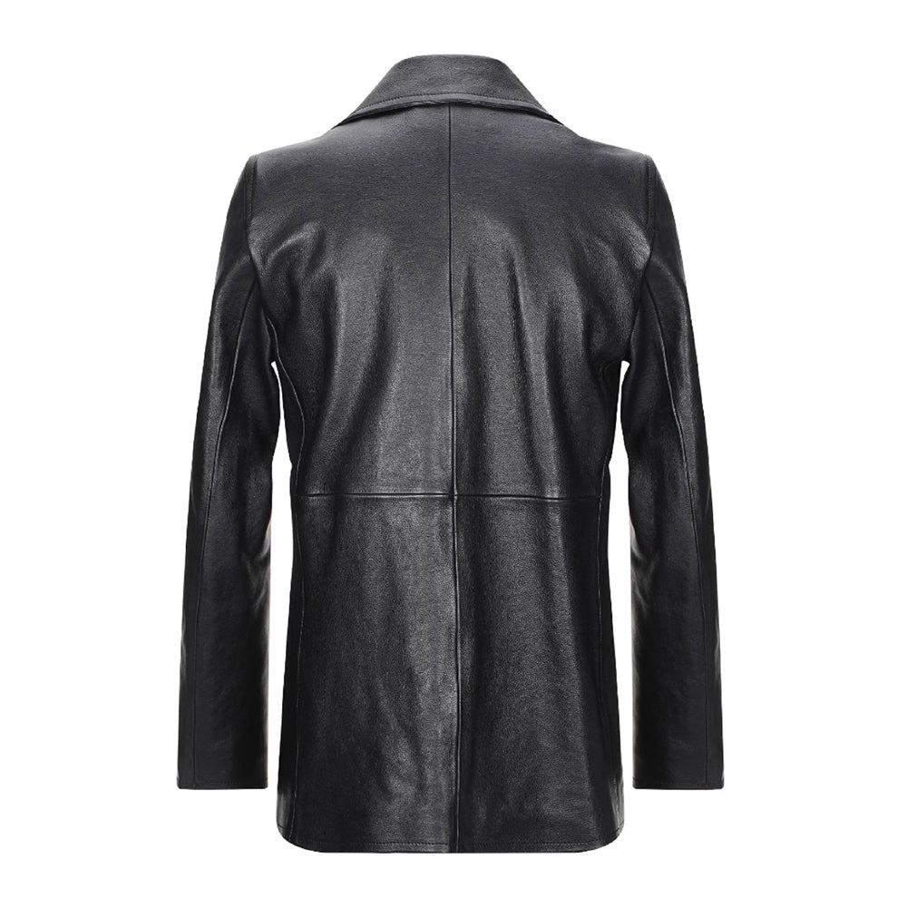 Men's Black Leather Peacoat – Double-Breasted Short Jacket for Winter