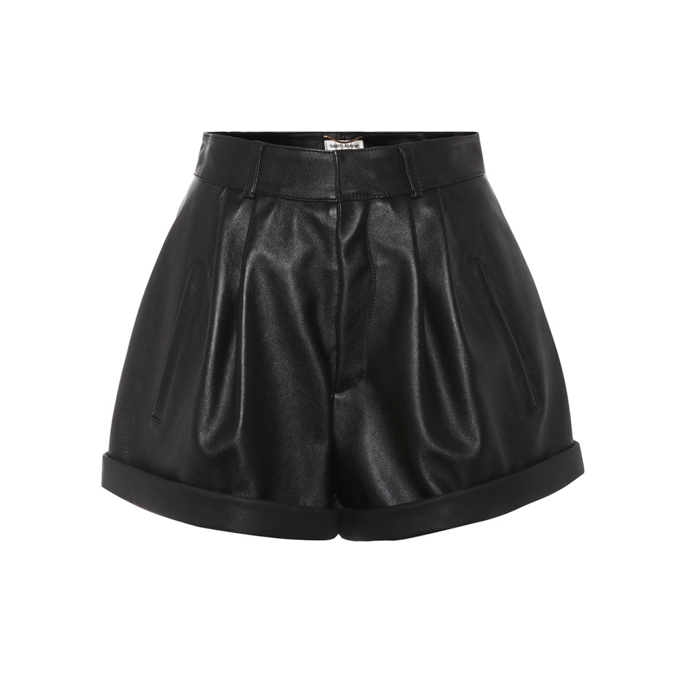 High waisted real leather shorts for women in black – pleated front design with elegant tailored fit.