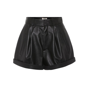 High Waisted Real Leather Shorts Women Black Pleated