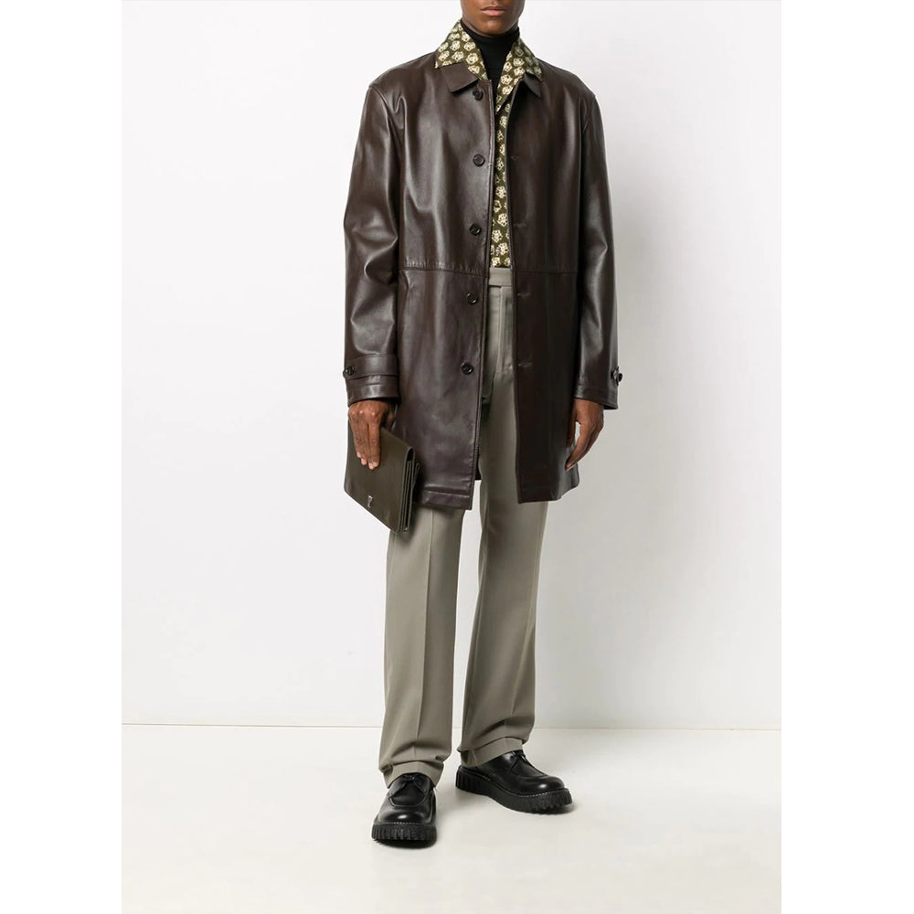 Men's Brown Leather Trench Coat – Long Button-Up Genuine Outerwear