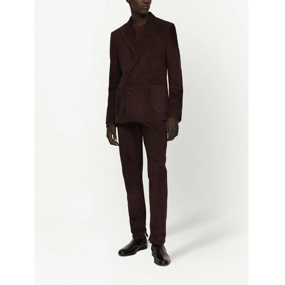 Men’s brown double-breasted suede leather blazer – front view.