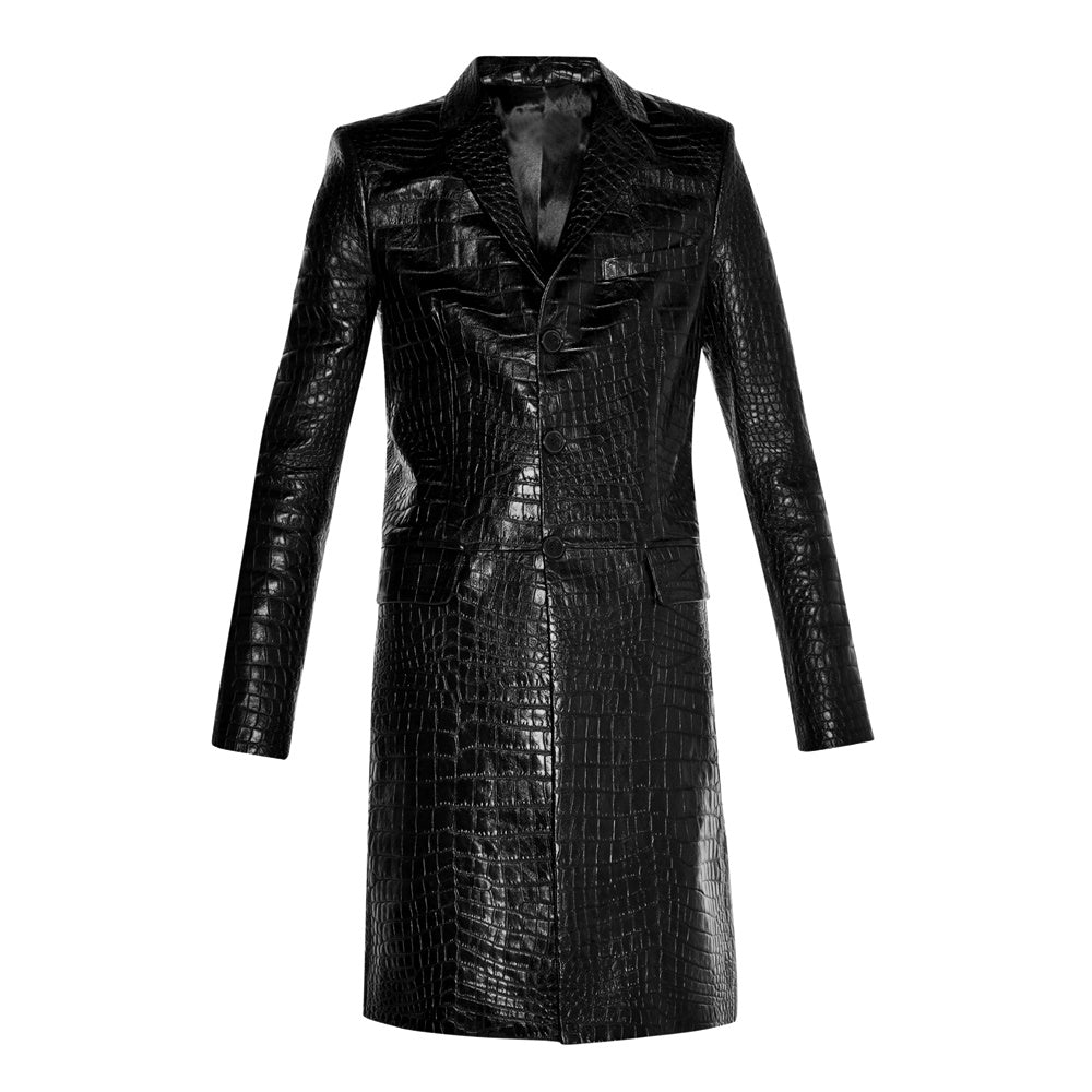 Men’s Black Croc-Embossed Leather Coat – Long Designer Trench Jacket with a Sleek Tailored Fit and Exotic Textured Detailing for a Bold Statement.