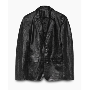 Men’s black croc embossed leather blazer – luxury style front view.