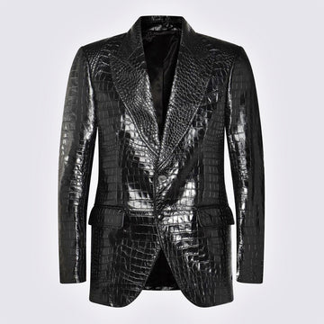 Men’s black croc-embossed leather blazer – front view.