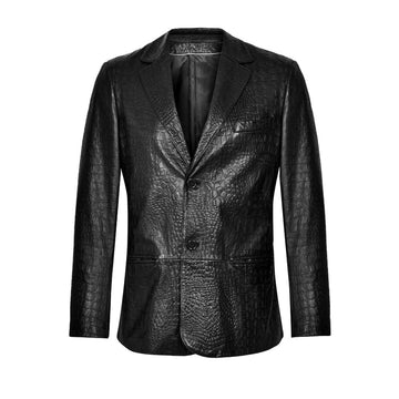 Men’s black crocodile embossed leather blazer – trendy fit front view.