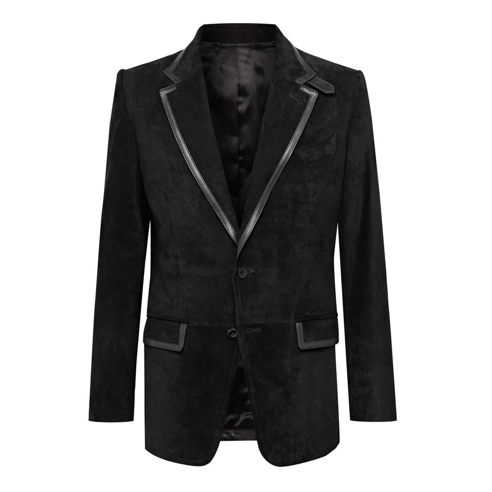 Men’s Black Suede Leather Tuxedo Blazer – Sleek & Elegant