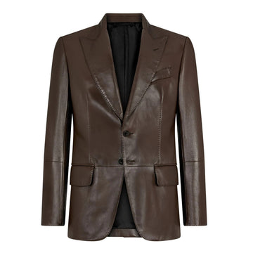 Men’s brown leather blazer – classic tailored fit front view.