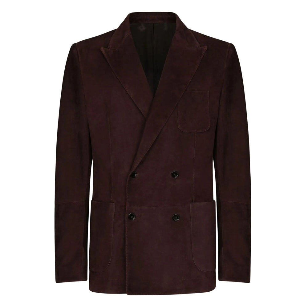 Men’s brown double-breasted suede leather blazer – front view.