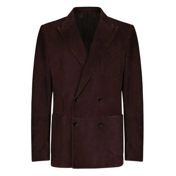 Men’s brown double-breasted suede leather blazer – front view.