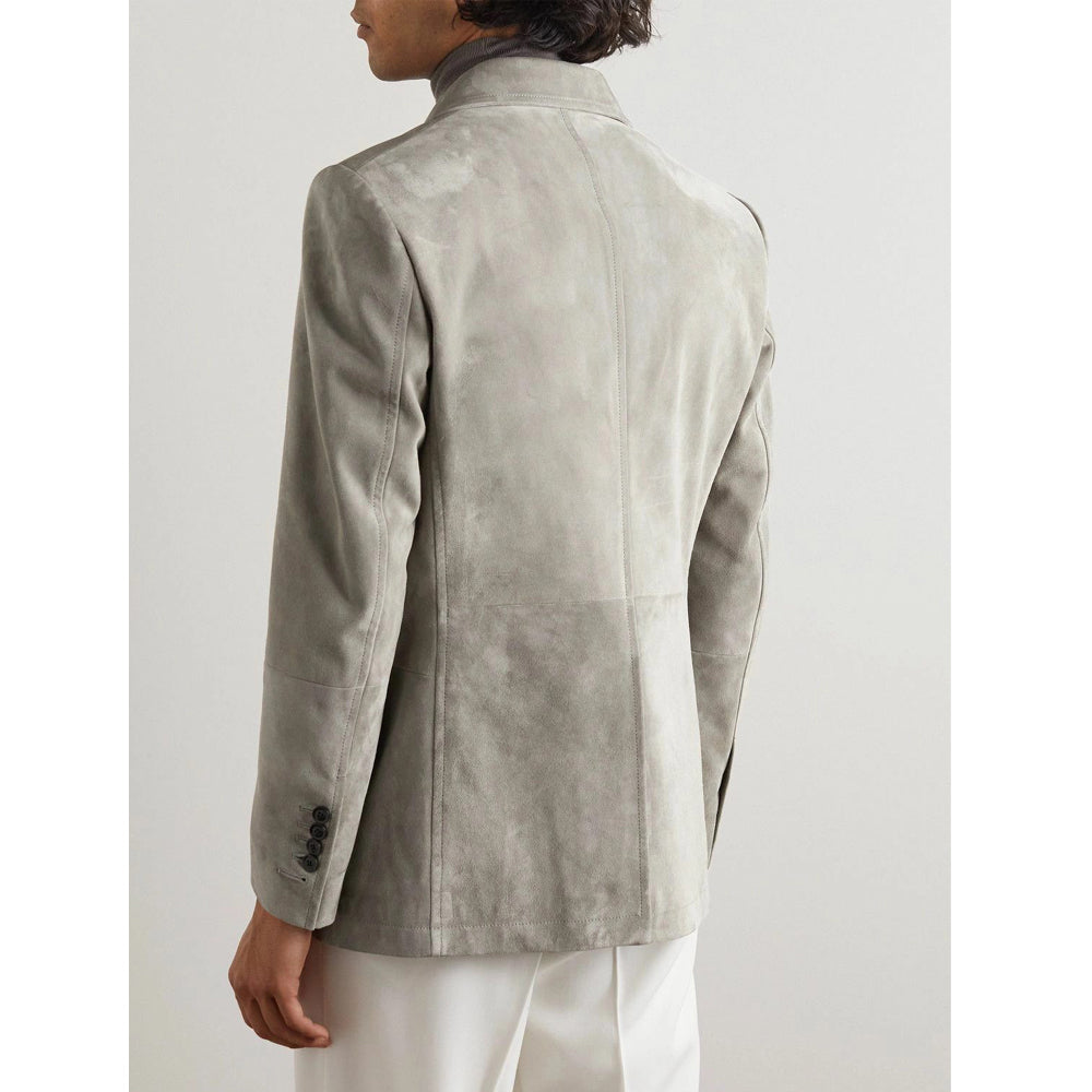 Men's light grey suede leather blazer, classic tailored fit, premium suede.
