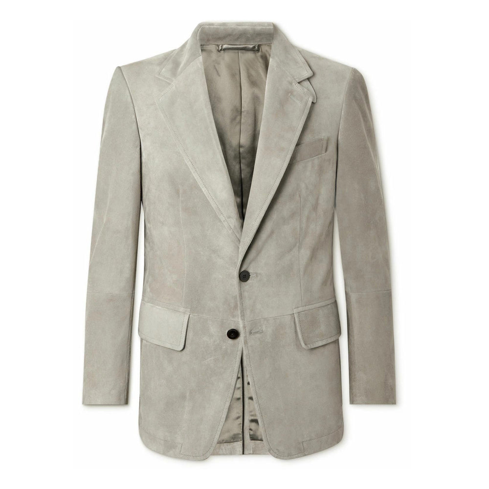 Men's light grey suede leather blazer, classic tailored fit, premium suede.