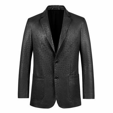 Men’s ostrich pattern leather blazer – luxury black jacket front view.