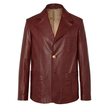 Men’s vintage burgundy leather blazer – premium one-button design.
