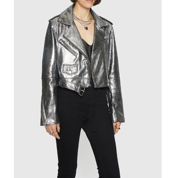 Women's Metallic Silver Leather Cropped Biker Jacket – Stylish Moto Design with Zipper Details