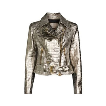 Women's metallic silver crocodile leather biker jacket with gold zipper hardware and belted waist – luxury moto-style outerwear