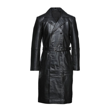 Men's Double-Breasted Black Leather Trench Coat – Belted Winter Wear