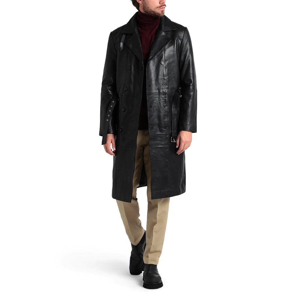 Men's Double-Breasted Black Leather Trench Coat – Belted Winter Wear