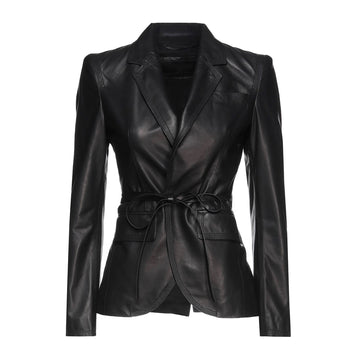 Women Wearing Black Leather Blazer
