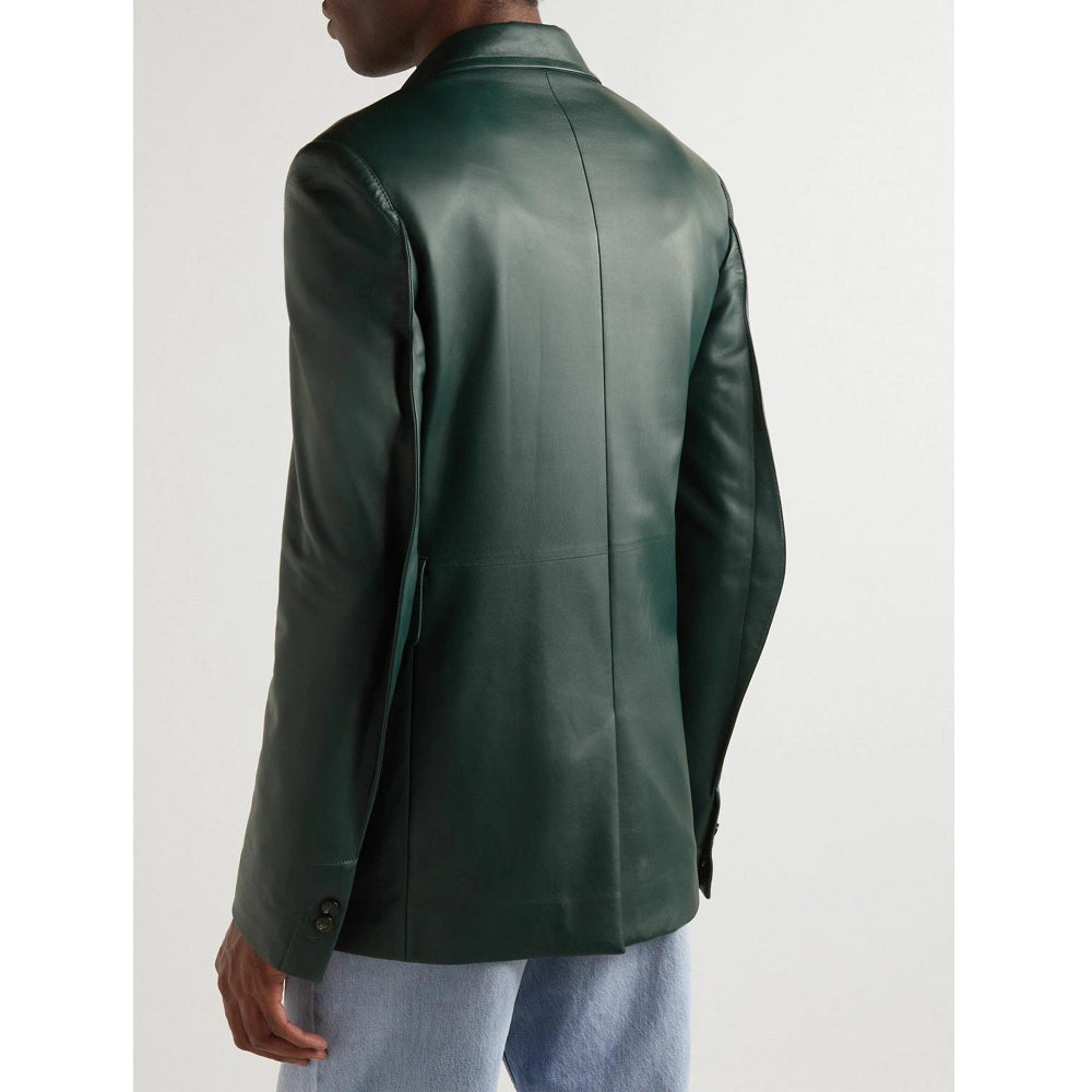 Men’s green leather blazer – double-breasted slim fit.
