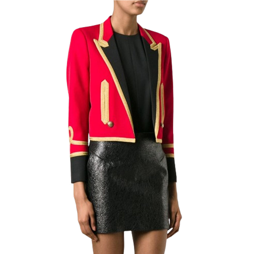 Women’s Red Military Crop Jacket – Vintage Tailcoat Blazer with Gold Button Detailing and a Sharp, Tailored Fit for a Bold Statement.