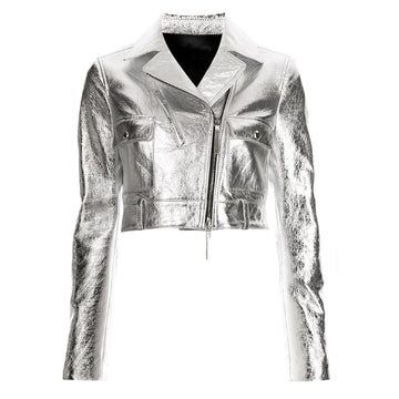 Women’s silver metallic leather jacket – cropped biker moto style with front zipper and modern edge.