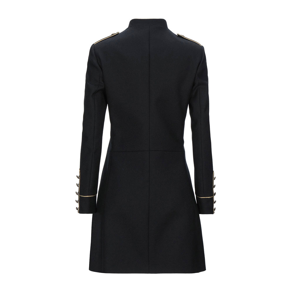 Women’s Military Style Jacket – Black Tailcoat with Gold Trim, High Collar, and Regal Button Detailing for a Bold Statement Look.