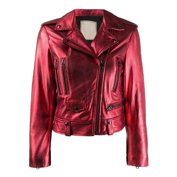 Trendy Red Leather Biker Jacket for Women – Metallic Finish, Asymmetrical Zip, and Zipper Pockets.
