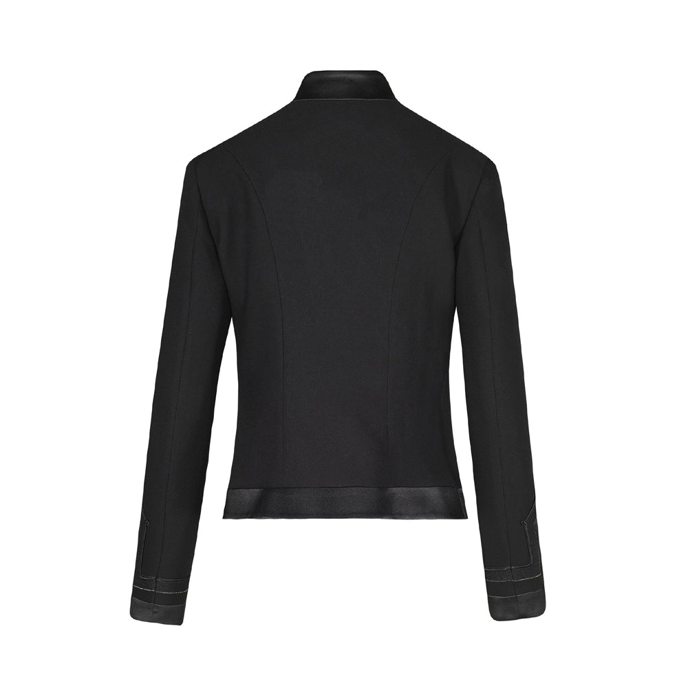 Rear View of Women’s Black Military Jacket – Structured Vintage Band Leader Coat Featuring a Flared Hem and Classic Military Styling.