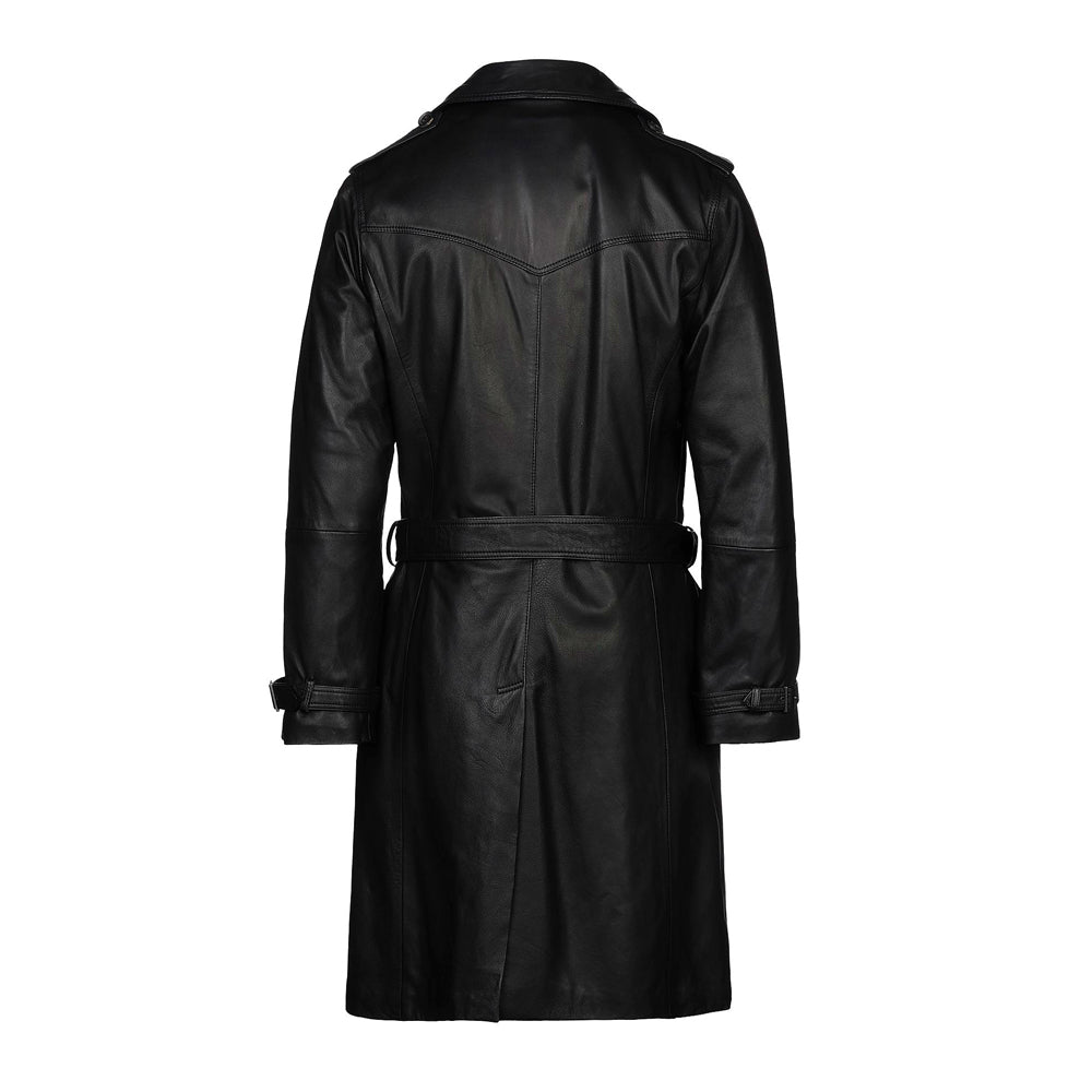Men's Black Leather Trench Coat – Double-Breasted Winter Outerwear
