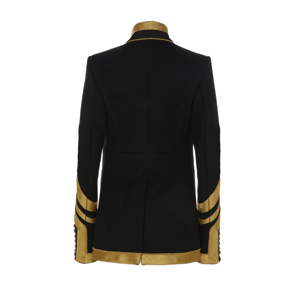 Women’s Black Military Coat – Gold Embroidered Long Jacket with a Fitted Silhouette and Regal High-Collar Design.