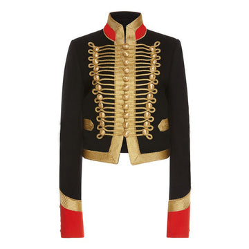 Women’s Black & Gold Military Jacket – Vintage Steampunk Coat with Ornate Gold Embellishments, a Tailored Fit, and Classic Military-Inspired Detailing.