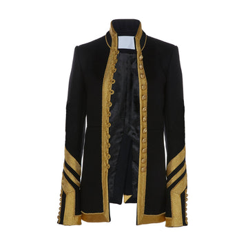 Women’s Black Military Coat – Gold Embroidered Long Jacket with a Fitted Silhouette and Regal High-Collar Design.