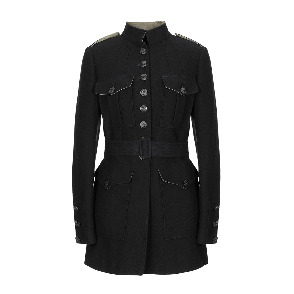 Women’s Black Military Jacket – Belted Officer Coat with Epaulettes, a Tailored Fit, and Statement Button Detailing for a Sophisticated Look.