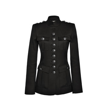 Women’s Black Military Jacket – Fitted High-Collar Coat with Structured Design, Perfect for Elegant & Bold Styling.