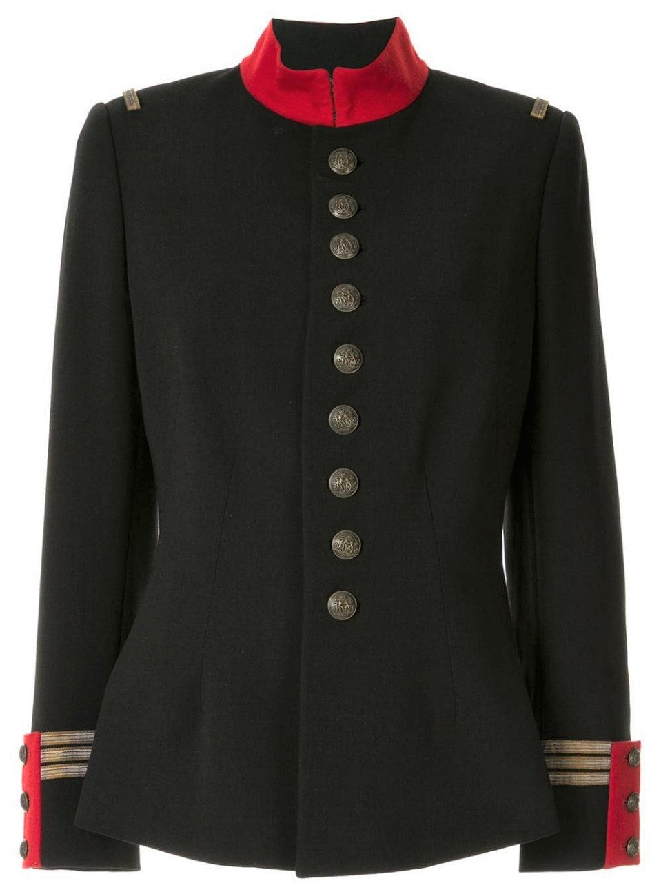 Women’s Black Military Jacket – Red Collar Embellished Blazer with Gold Button Accents, a Tailored Fit, and a Bold Military-Inspired Design.