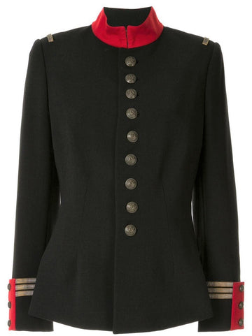 Women’s Black Military Jacket – Red Collar Embellished Blazer with Gold Button Accents, a Tailored Fit, and a Bold Military-Inspired Design.