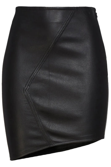 Womens Black Real Leather Mini Skirt – Front View with Asymmetrical Hem.