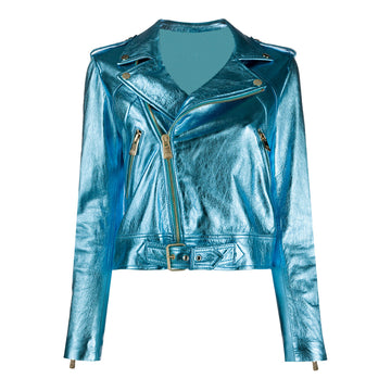 Women's blue metallic leather biker jacket with gold zippers, belted waist, and asymmetrical closure, trendy and bold fashion statement piece.