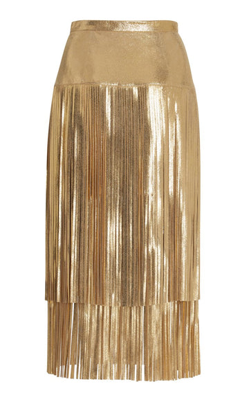 Womens Gold Real Leather Fringe Skirt – Front View with Shiny Metallic Finish.